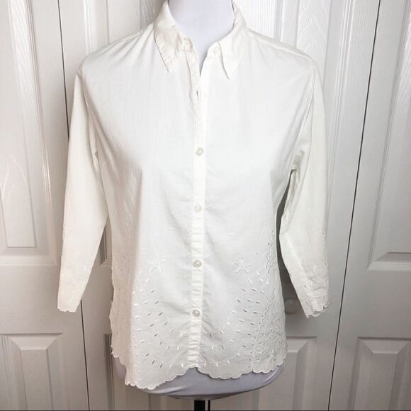 goodclothes Blouse Embroidery White Button Front Collar 3/4 Length Sleeve Medium - Picture 1 of 6